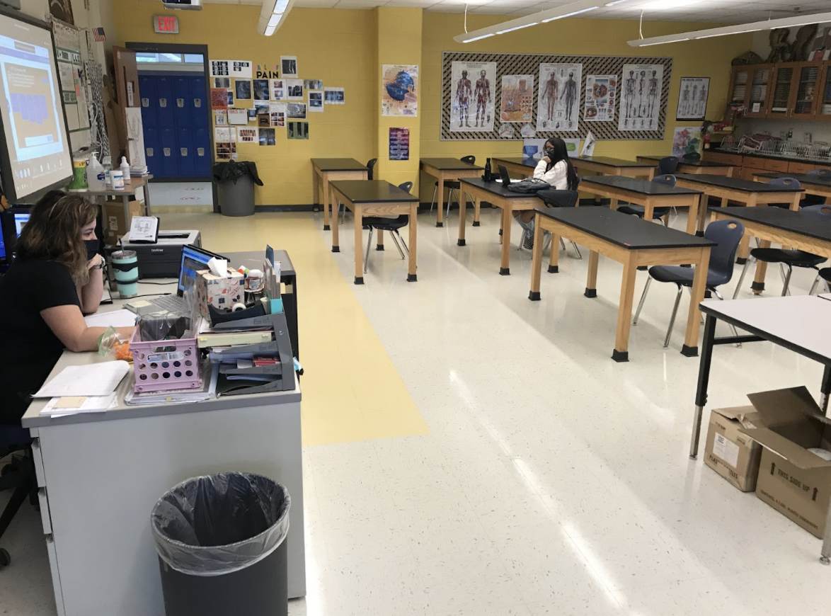 An empty classroom with teachers on teams meeting during COVID.
Photo courtesy of Fred Avett.
